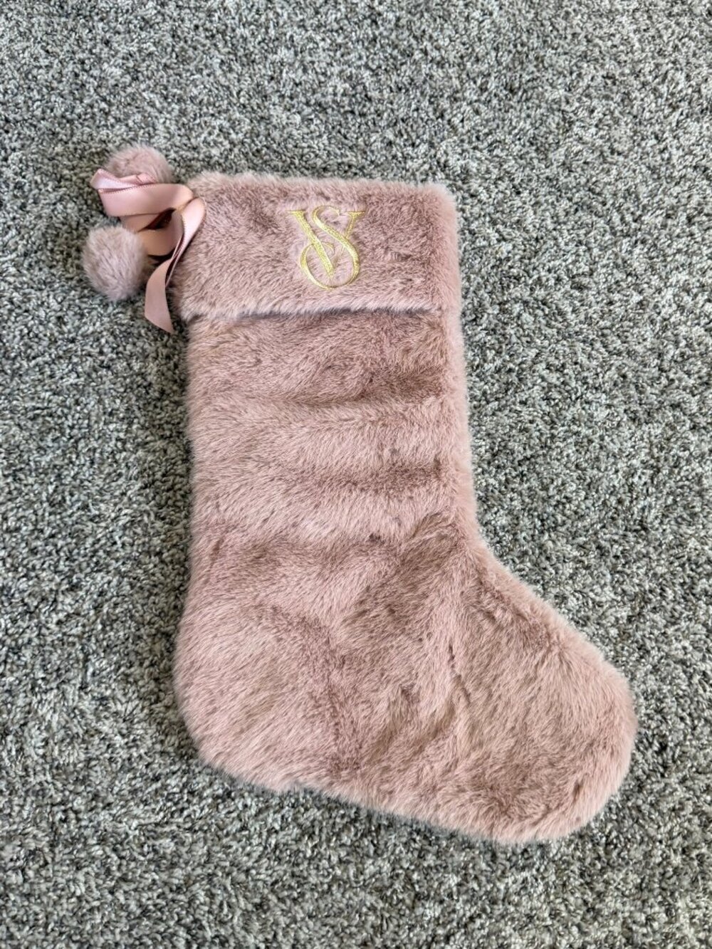 Victoria's Secret Pale Pink Faux Fur Christmas Holiday Stocking Logo Embroidered